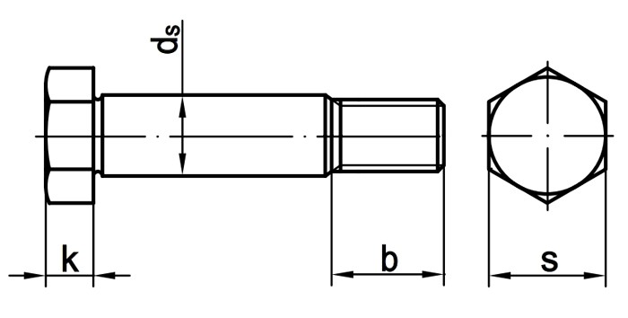 Болт призонный DIN 609 с шестигранной головкой, класс прочности 10.9 схема