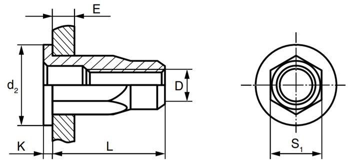 Резьбовая заклепка с цилиндрическим бортиком, шестигранная ½ схема