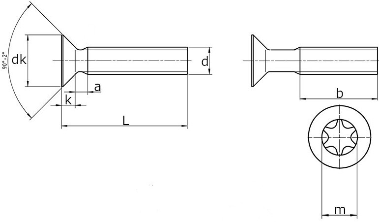 Винт с потайной головкой и шлицем Torx ISO 14581 (DIN 965)-схема