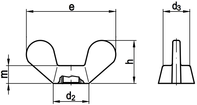 Гайка барашковая DIN 315 латунная (немецкий тип) - чертеж