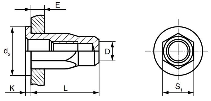 Резьбовая заклепка с цилиндрическим бортиком, шестигранная 1/2 схема