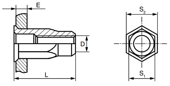 Резьбовая заклепка с уменьшенным бортиком, шестигранная ½ схема