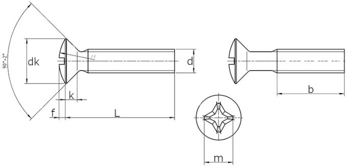 Винт с полупотайной головкой и крестообразным шлицем DIN 966 (ISO 7047)-схема