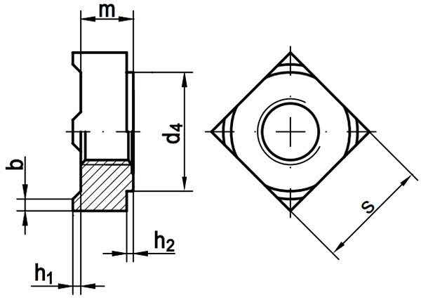 Квадратная приварная гайка DIN 928 - чертеж