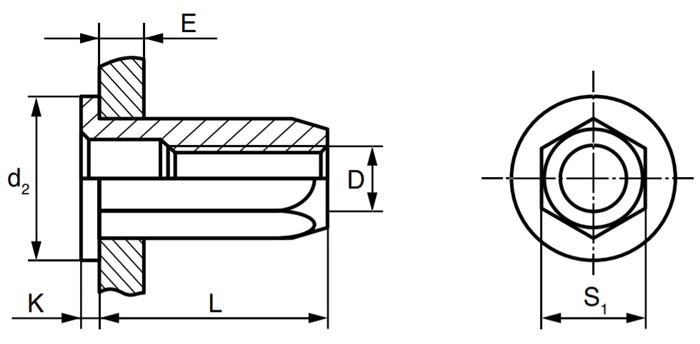 Резьбовая заклепка с цилиндрическим бортиком, шестигранная схема