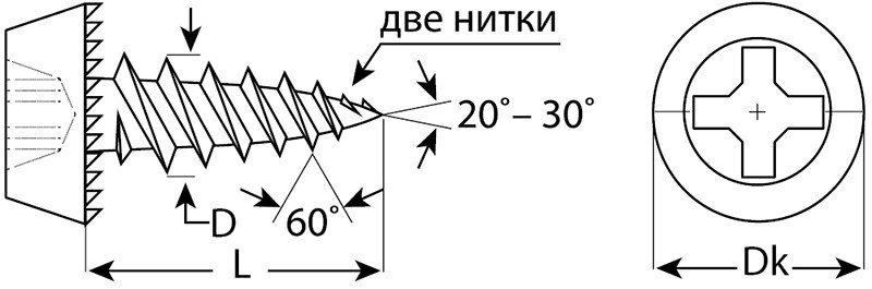 Саморез (клоп) по металлу с полукруглой головкой - чертеж схема