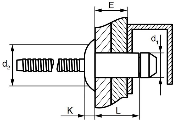 Заклепка вытяжная сталь/сталь со стандартным бортиком, для мягких материалов схема