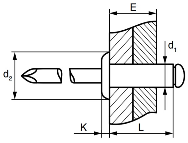 Заклепка вытяжная алюминий/сталь со стандартным бортиком, для мягких материалов схема