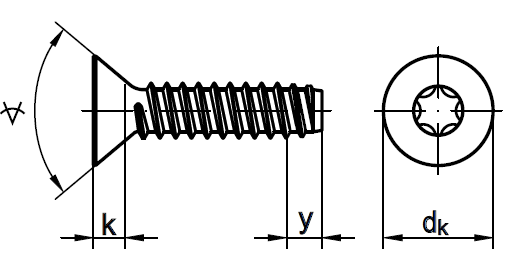 Саморез с потайной головкой и шлицем Torx, ISO 14586 (DIN 7982) форма F-схема