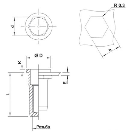 Резьбовая заклепка полушестигранная, закрытая схема