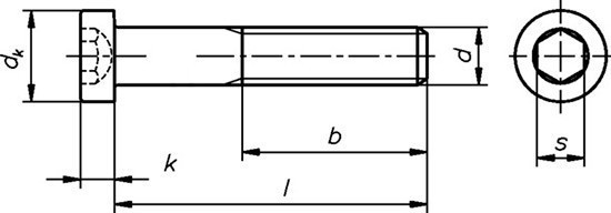 Винт с низкой цилиндрической головкой и внутренним шестигранником DIN 7984 - чертеж, схема