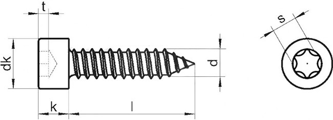 Саморез с цилиндрической головкой и шлицем Torx DIN 912 - чертеж